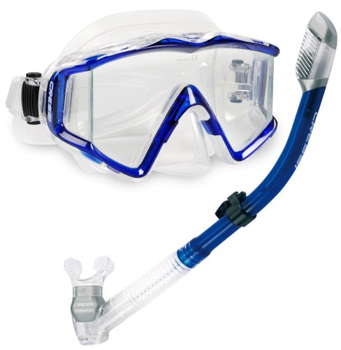 Used Cressi Panoramic 3 Dive Mask and Supernova Dry Snorkel Combo-Blue