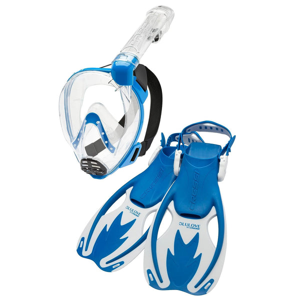 Open Box Cressi Baron Jr Mask and Rocks Fins Junior Snorkeling Set - Blue/White - Large/X-Large - DIPNDIVE