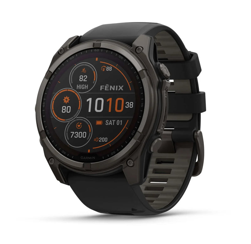 Open Box Garmin Fenix 8 – 51 mm Solar Sapphire Carbon Gray DLC Titanium with Black/Pebble Gray Silicone Band - DIPNDIVE