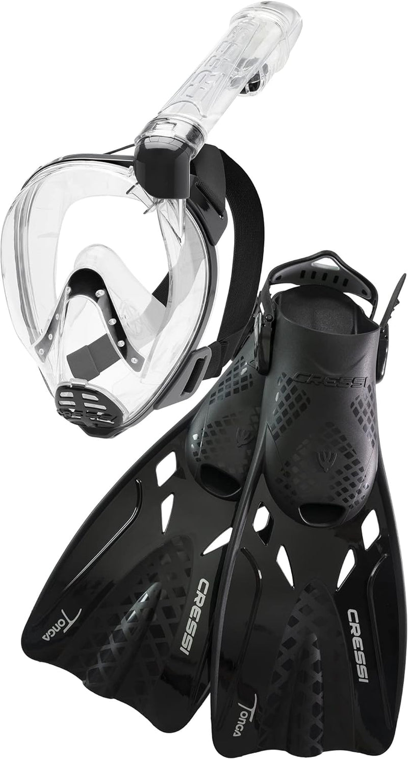 Used Cressi Baron Full Face Mask And Tonga Short Open Heel Fins Combo Set - Clear/Black/Black - Small/Medium-Small/Medium - DIPNDIVE