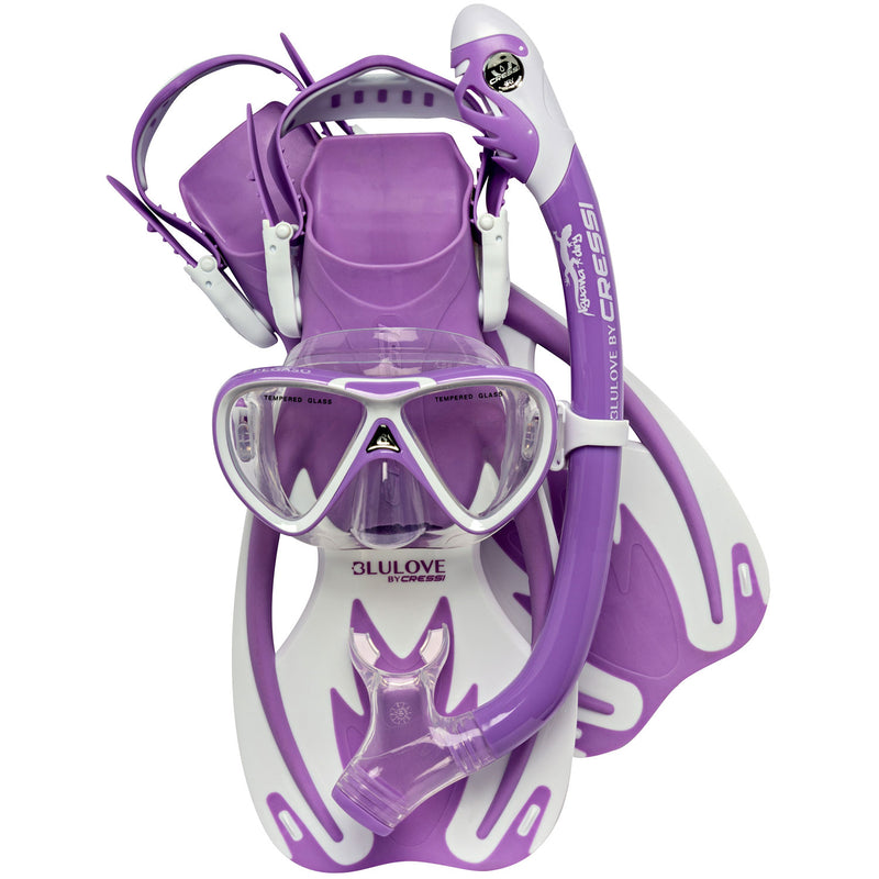 Open Box Cressi Junior Rocks Dry Mask Fin Snorkel Set-Lilac / White-Small / Medium - DIPNDIVE