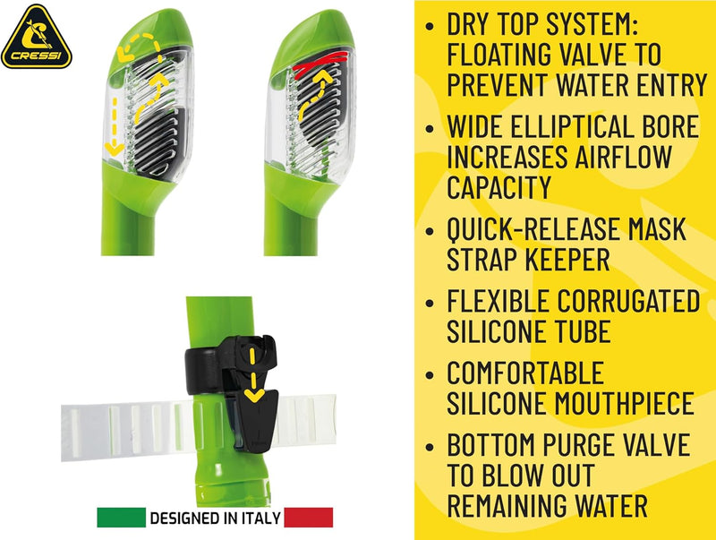 Open Box Cressi Panoramic 4 Window Mask Supernova Dry Adult Size Snorkel Combo Set - Clear/Lime - DIPNDIVE