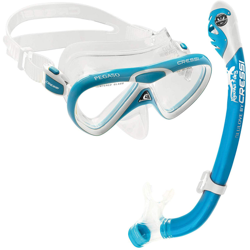 Used Cressi Junior Rocks Dry Mask Fin Snorkel Set-Blue/ White-Small/Medium - DIPNDIVE