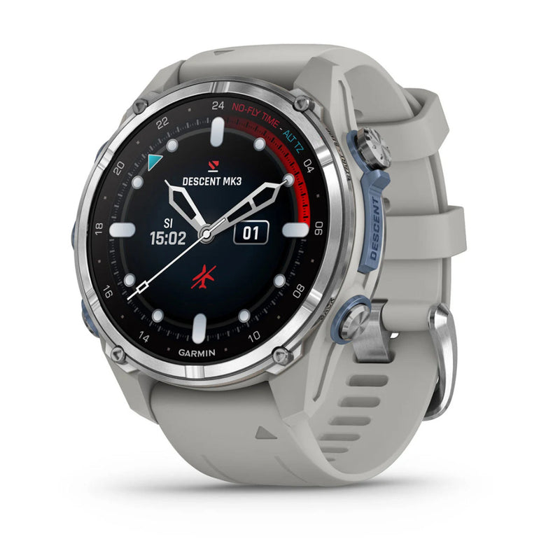 Garmin Descent Mk3 43 mm Stainless Steel with Fog Gray Silicone Band - DIPNDIVE