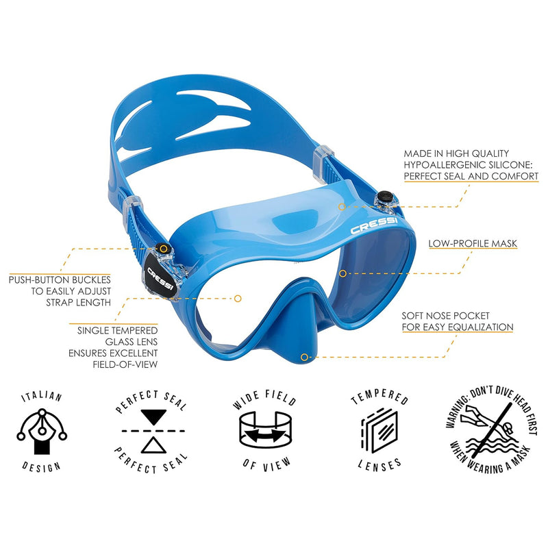 Used Cressi Frameless Dive Mask and Supernova Dry Snorkel Combo - Blue