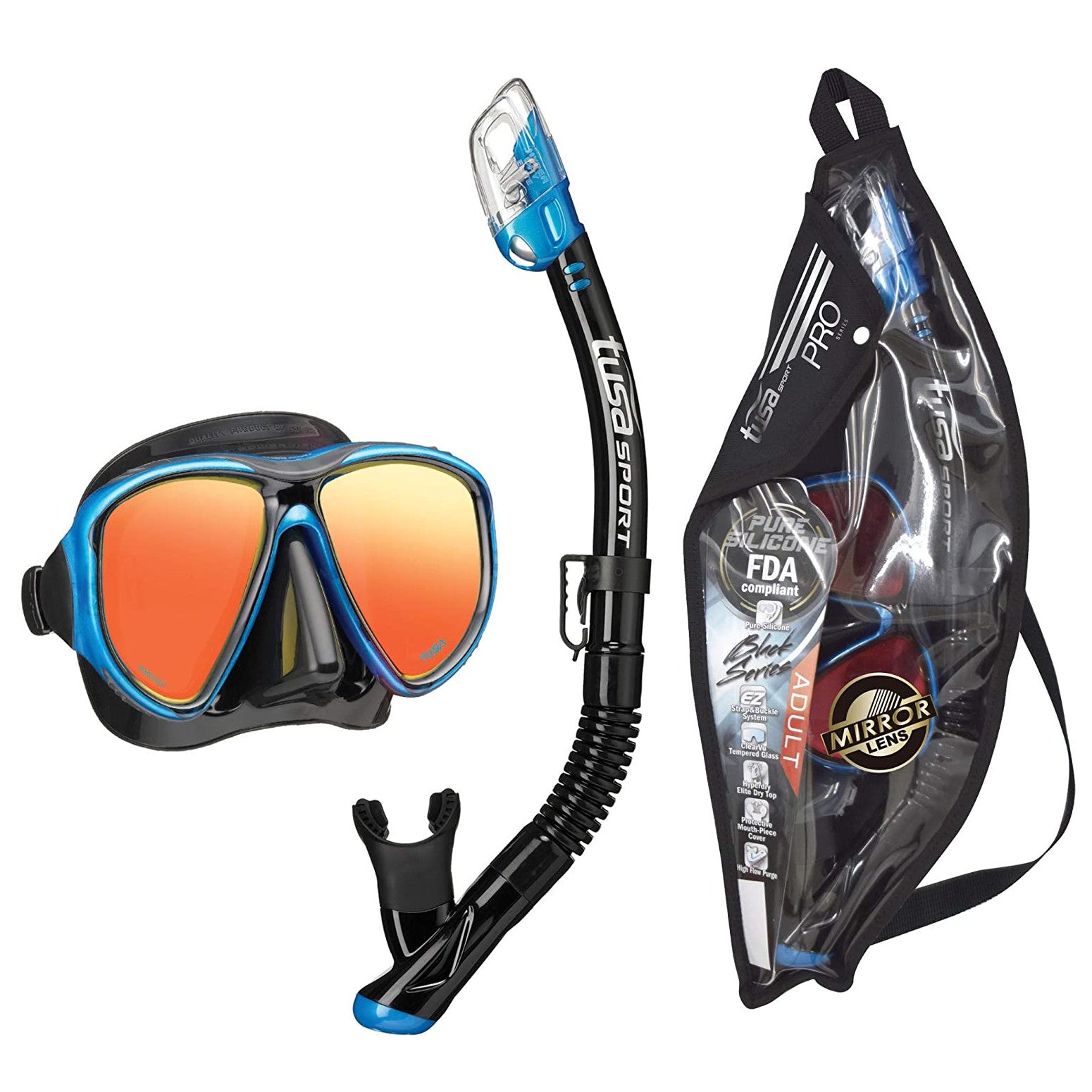 TUSA Sport Adult Platina Hyperdry Mask, Snorkel, & Fins Travel Set, Blue,  Medium 