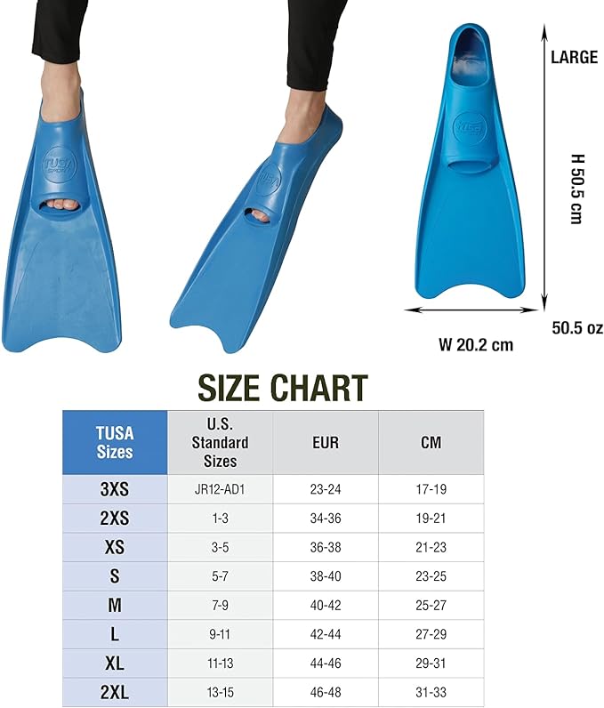 Open Box Tusa Sport Full Foot Rubber Scuba Dive Fins - Blue - Large - DIPNDIVE