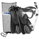 Used Cressi F1 Mask Black - Supernova Dry Snorkel Clear/Black - Palau SAF Fins Snorkel Set Titanium/Black - Large/X-Large - DIPNDIVE