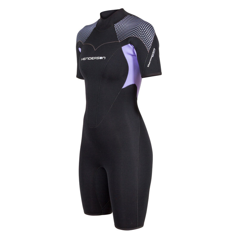 Open Box Henderson 3mm Womens Thermoprene Pro Back Zip Shorty Wetsui - Black / Lavender - 12