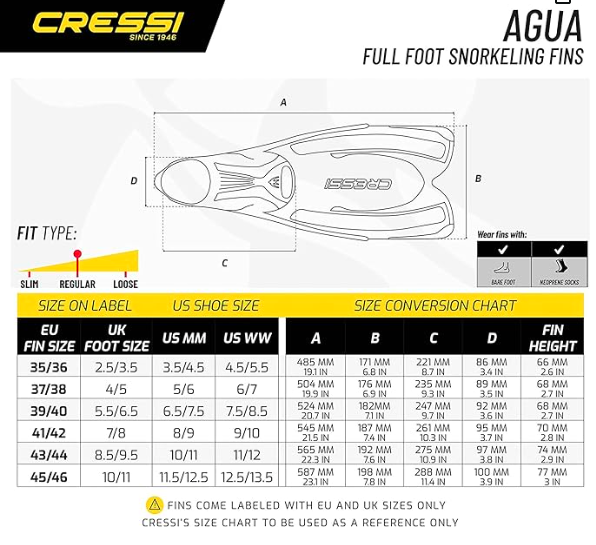 Used Cressi Agua Full Foot Fins, Yellow, Size - US Man 7/8 | US Lady 8/9 | EU 39/40 - DIPNDIVE