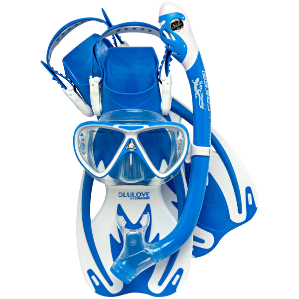 Used Cressi Junior Rocks Dry Mask Fin Snorkel Set-Blue/ White-Small/Medium - DIPNDIVE