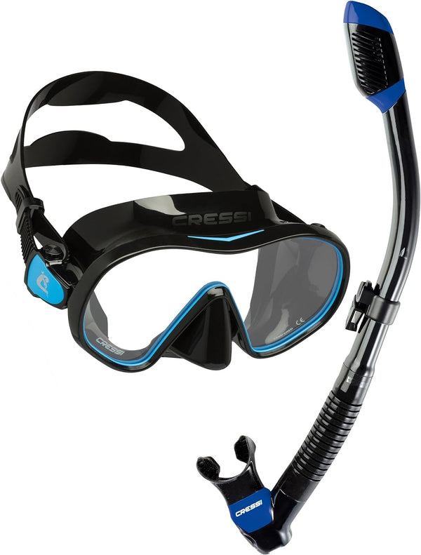 Used Cressi F-Dual and Supernova Dry Snorkel Combo - Black/Blue