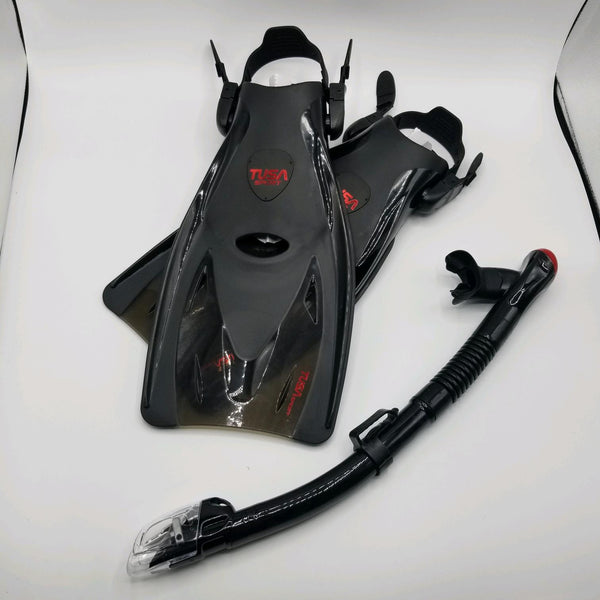 Open Box Tusa Powerview Adult Dry Travel Set - Black/Red - Medium(without mask) - DIPNDIVE