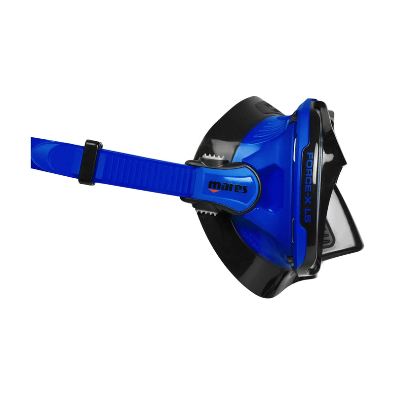 Blue snorkel mask on a light gray background
