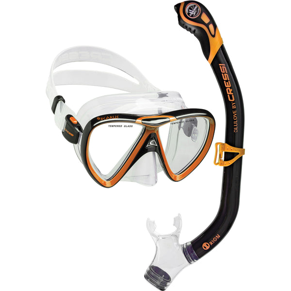 Used Cressi Ikarus & Orion Mask Snorkeling Set - Black/Orange - DIPNDIVE