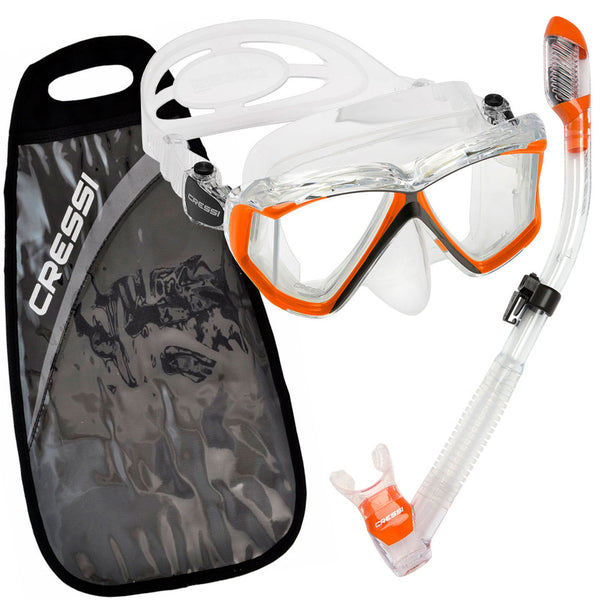 Used Cressi Panoramic 4 Window Mask Supernova Dry Adult Size Snorkel Combo Carring Bag Packages - Clear/Orange - DIPNDIVE