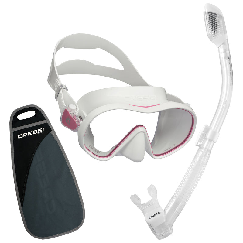 Used Cressi F-Dual and Supernova Dry Snorkel Combo - White/Pink - DIPNDIVE