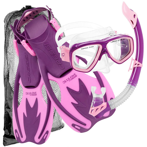 Used Cressi Junior Rocks Mask Fin Snorkel SET-Pink / Purple-LGXLG - DIPNDIVE