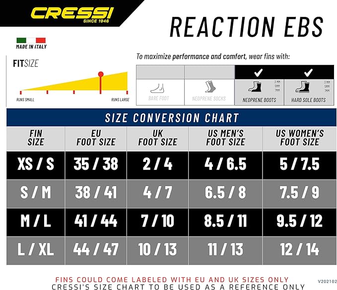 Used Cressi Reaction EBS Open Heel Dive Fins - Blue / Azure, Size: Small/Medium - DIPNDIVE