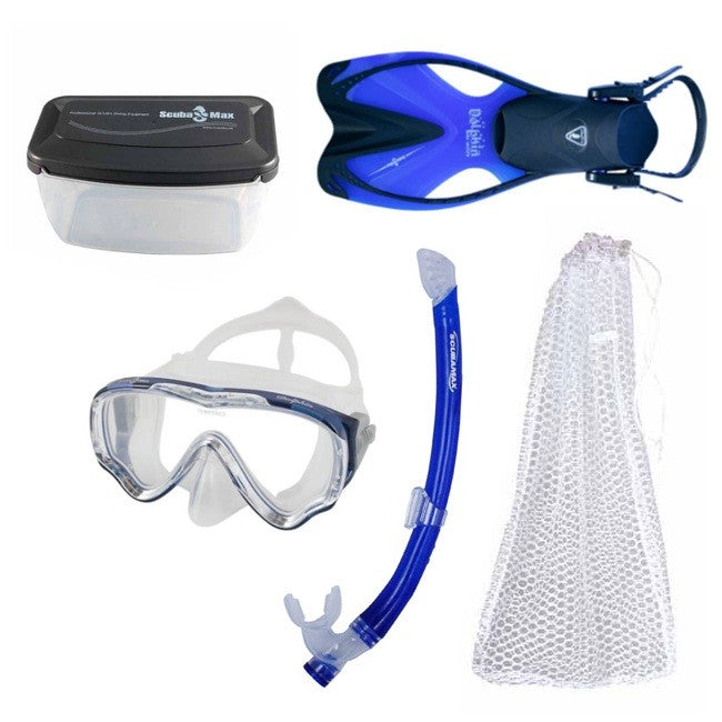 Scuba Max Kids MK-253 Dolphin Mask, FN-308 Dolphin, SK-229 Matrix, Mask box and Mesh Bag Snorkel Combo - DIPNDIVE