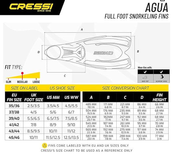 Used Cressi Agua Full Foot Fins, Yellow, Size - US Man 5.5/6.5 | US Lady 6.5/7.5 | EU 37/38 - DIPNDIVE