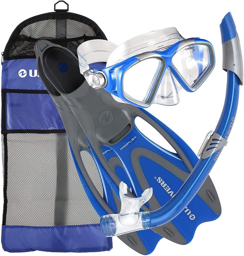 Used U.S. Divers Cozumel Mask - Seabreeze Dry Snorkel - Proflex II Fins Snorkeling Set - DIPNDIVE