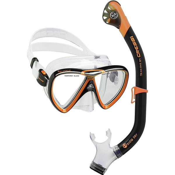 Used Cressi Ikarus & Orion Dry Mask Snorkeling Set - Black/Orange - DIPNDIVE