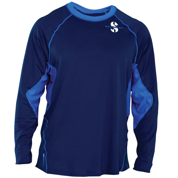 Open box ScubaPro Men's UPF 50 Channel Flow Long Sleeve Rash Guard - Aegean, Size MD - DIPNDIVE