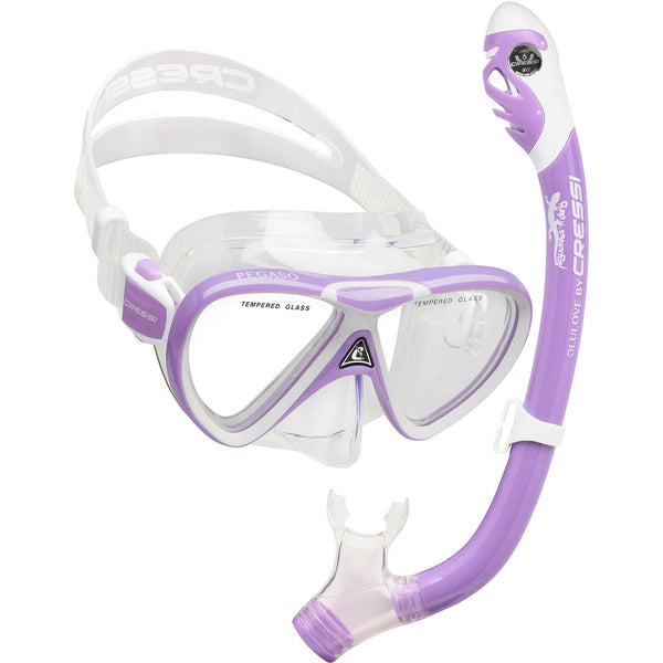 Used Cressi Pegaso Mask and Iguana Snorkel Dry Kids Package - Lilac / White - DIPNDIVE