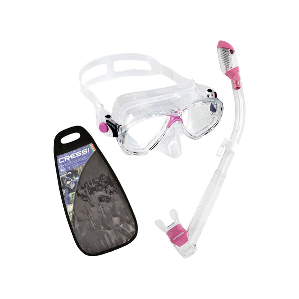 Used Cressi Marea Coloram Dry Mask and Supernova Dry Snorkel - Clear/Pink - DIPNDIVE