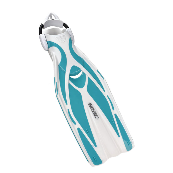 Used Seac F1 Open Heel Fin with Bungee Straps, White Aqua, Size: Medium/Large US M:8-9 W:9-10 - DIPNDIVE