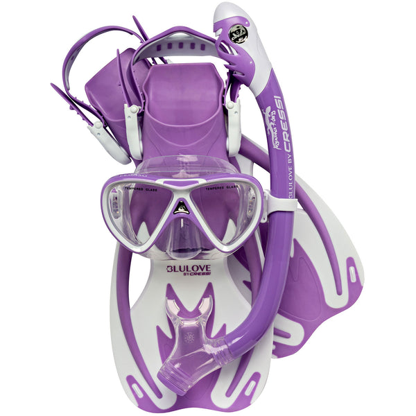 Used Cressi Junior Rocks Dry Mask Fin Snorkel Set-Lilac / White-Small / Medium - DIPNDIVE