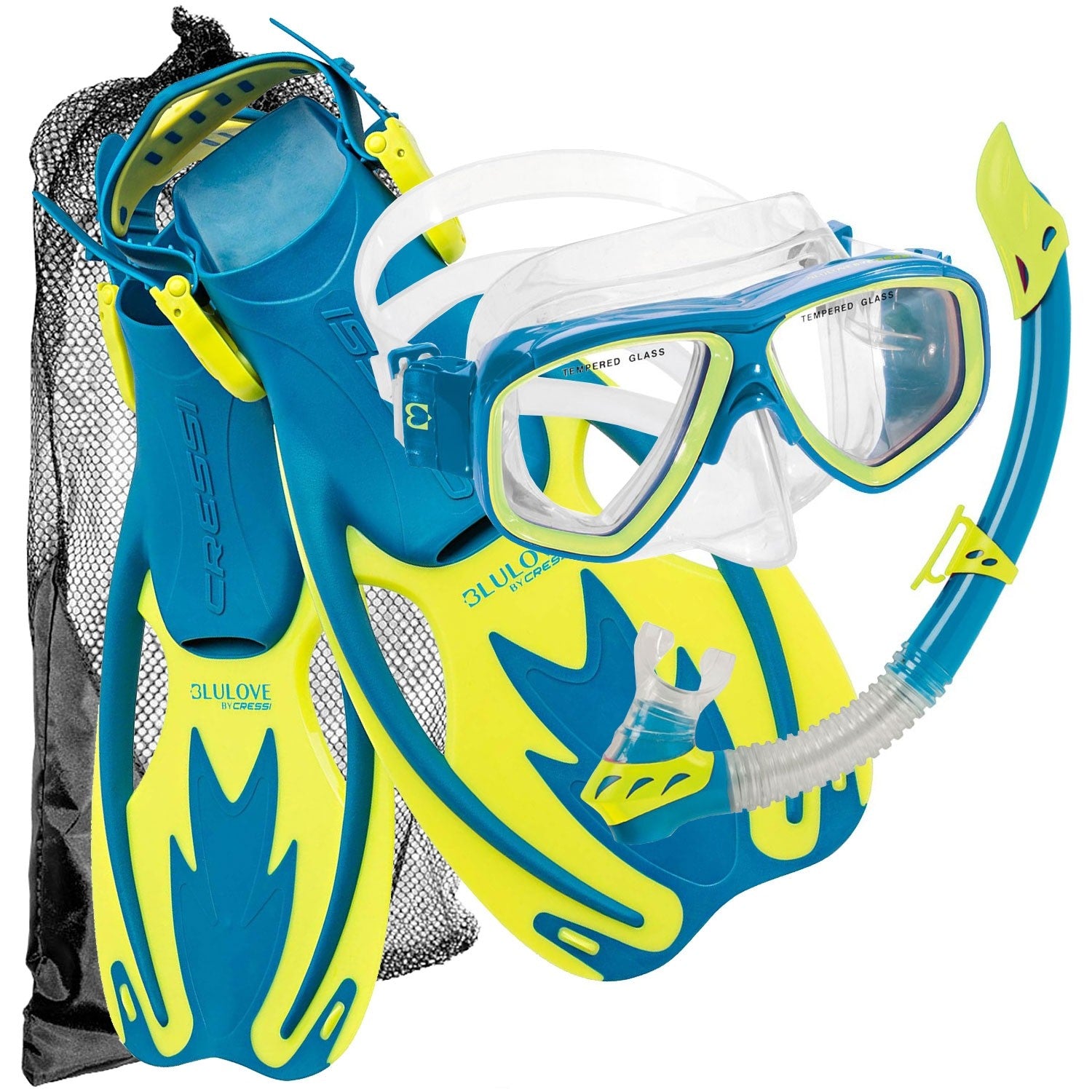 Cressi Junior Snorkeling Kit for Young Aged 3 to 10 - Mask + Dry Snorkel +  Adjustable Fins + Net Bag - Lightweight Colorful Equipment - Rocks Pro Dry