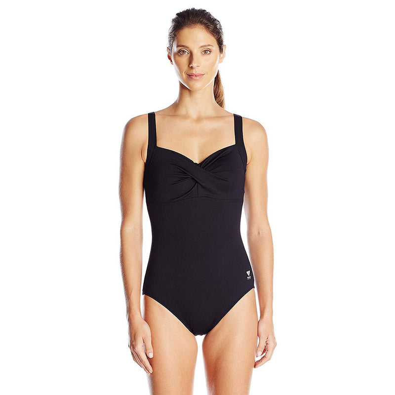 TYR Women's Solid Twisted Bra Controlfit Swimsuit-Black-10 (Open box) - DIPNDIVE