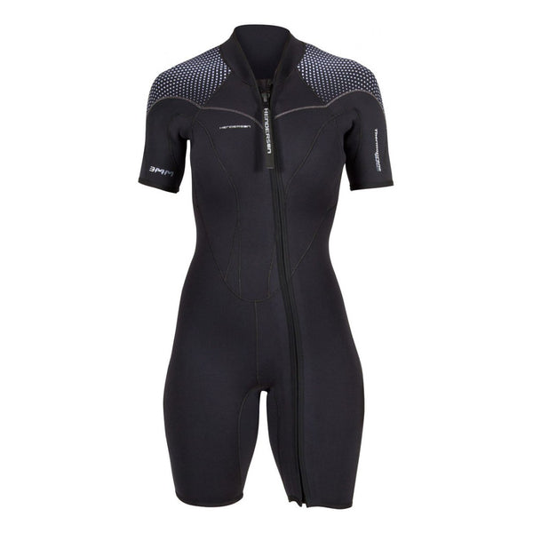 Used Henderson Women's 3mm Thermoprene Pro Front Zip Shorty Wetsuit, Black / Purple, Size: 8 - DIPNDIVE