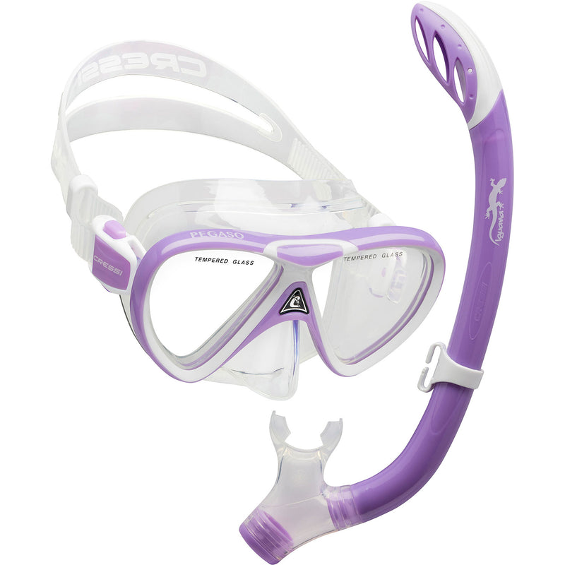 Open Box Cressi Pegaso Mask and Iguana Snorkel Semi-Dry Kids Package - Lilac / White - DIPNDIVE