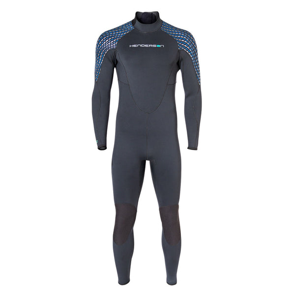 Open Box Henderson Mens 5mm Greenprene Back Zip Full Wetsuit-Black/Blue/Silver-XLS - DIPNDIVE