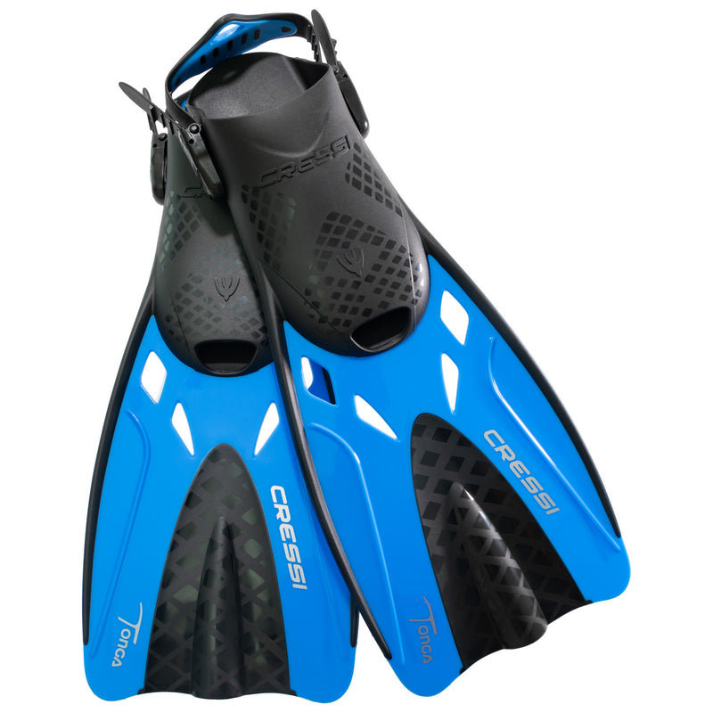 Used Cressi Tonga Short Open Heel Fins - Black/Blue - Large/X-Large (M:9-13 W:10-14) - DIPNDIVE