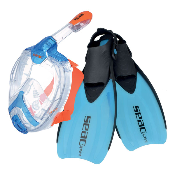 Used Seac Set Unica Sprint Snorkeling Kit with Seac Unica Full Face Mask and Seac Sprint Open Heel Fins - Size: L-XL - DIPNDIVE