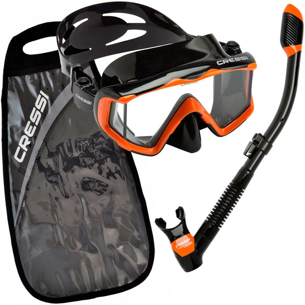 Used Cressi Panoramic Wide View Mask with Dry Snorkel Set (Pano 3 Black Orange) - DIPNDIVE