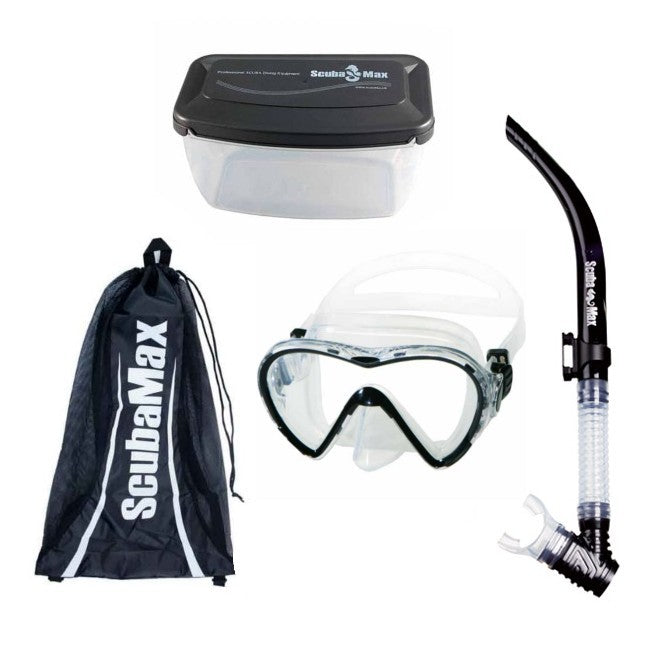 Scuba Max MK-118 Evora Mask, SK-215 Air Supply II, Mask box and Snorkeling Bag Snorkel Combo - DIPNDIVE
