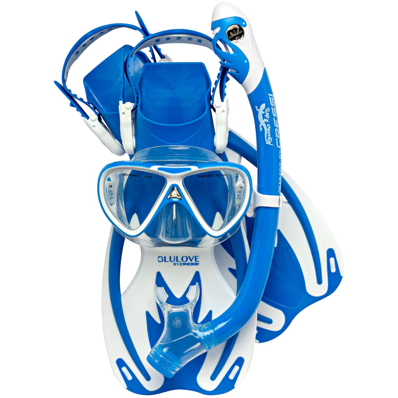 Open Box Cressi Junior Rocks Dry Mask Fin Snorkel Set-Blue / White-Large / X-Large - DIPNDIVE