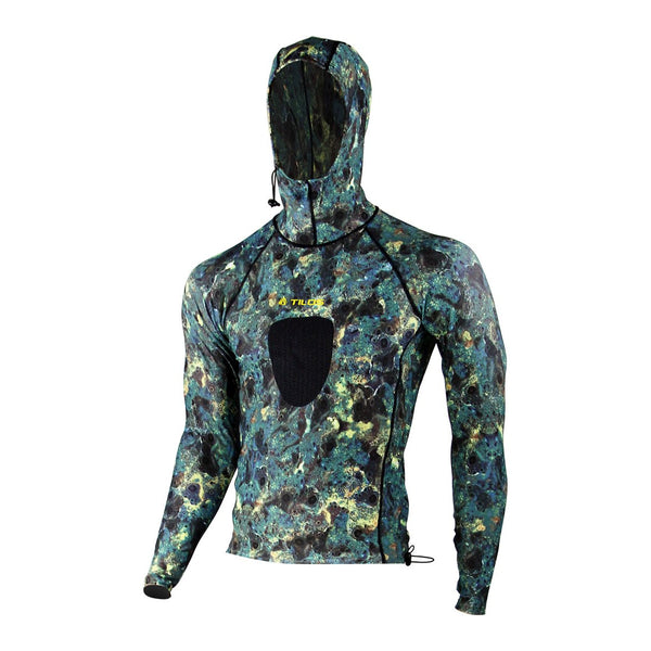 Used Tilos Spearfishing Shirt Rash Guard with Hood, Green Camo, Size: Small - DIPNDIVE