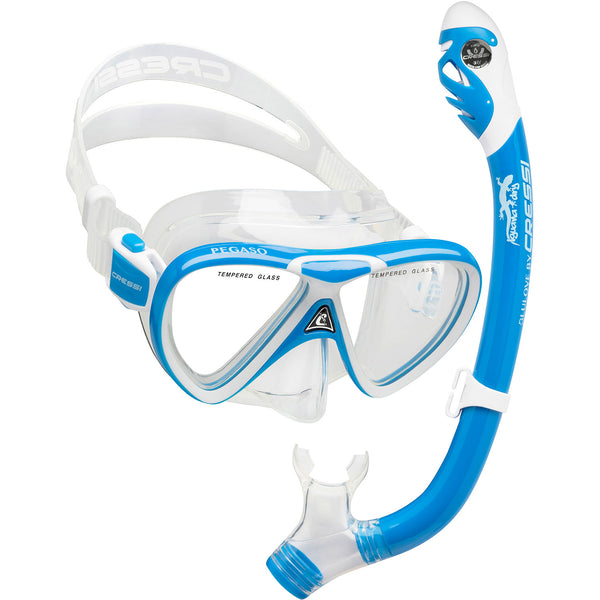 Open Box Cressi Pegaso Mask and Snorkel Dry Kids Package -Blue/White - DIPNDIVE