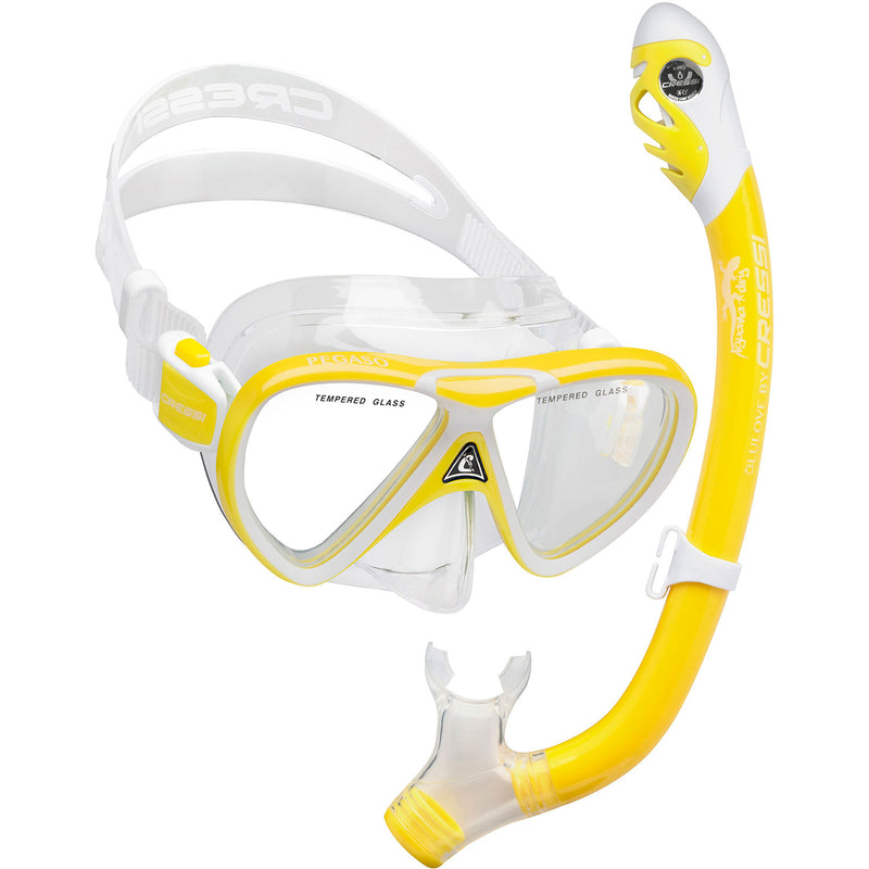 Open Box Cressi Pegaso Mask and Snorkel Dry Kids Package Yellow/White - DIPNDIVE