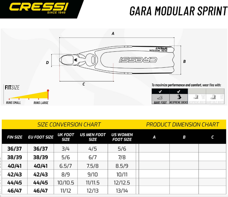 Used Cressi Gara Modular Sprint Scuba Diving Fins - Blue Metal - 38/39 - DIPNDIVE