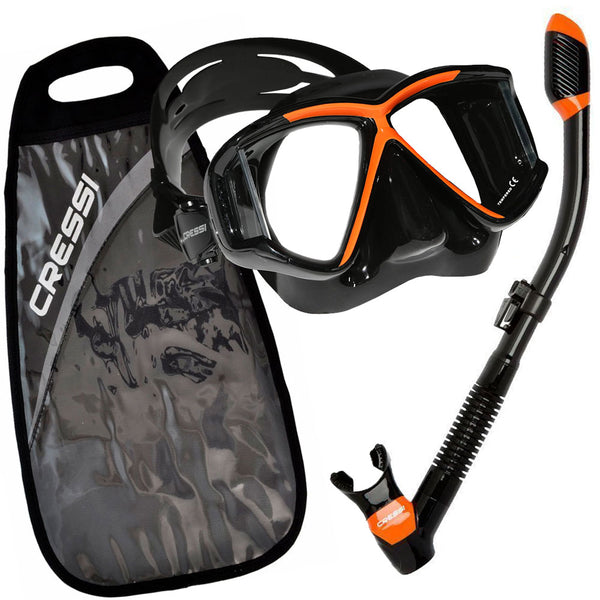 Used Cressi Panoramic 4 Window Mask Supernova Dry Adult Size Snorkel Combo Carring Bag Packages - Black / Orange - DIPNDIVE