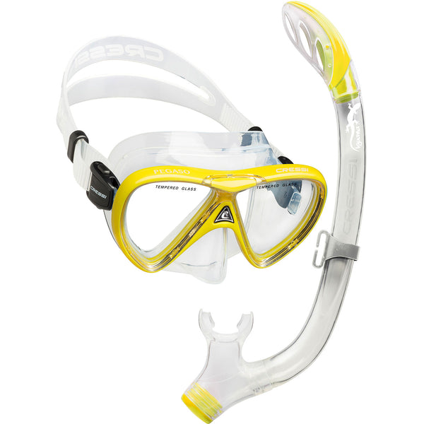 Used Cressi Pegaso Mask and Iguana Snorkel Semi-Dry Kids Package - Yellow / Clear - DIPNDIVE