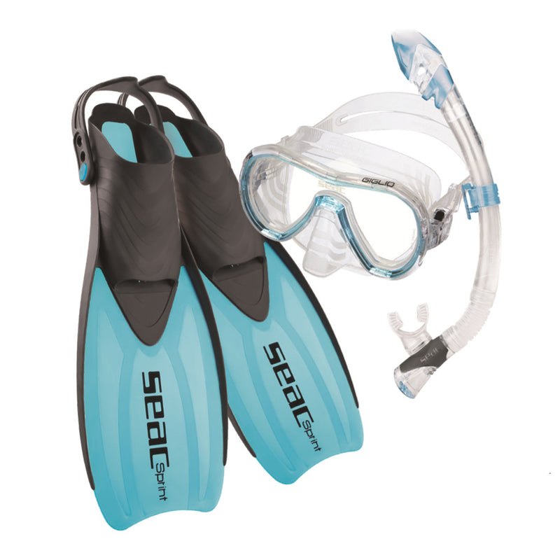 Used Seac Set Tris Sprint Dry Snorkeling Set with Silicone Mask, Snorkel with Dry Top and Fins, Size: 6½ - 8 (SMMD; 39/41) - DIPNDIVE