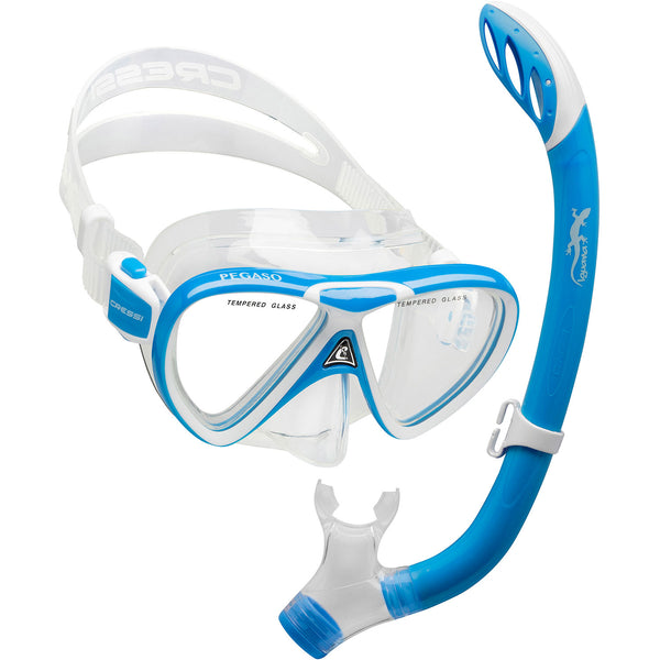 Used Cressi Pegaso Mask and Iguana Snorkel Semi-Dry Kids Package - Blue / White - DIPNDIVE